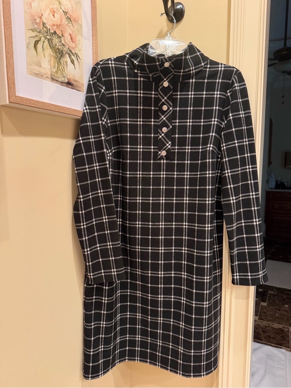 Talbots Black and White Plaid Long-Sleeve Dress